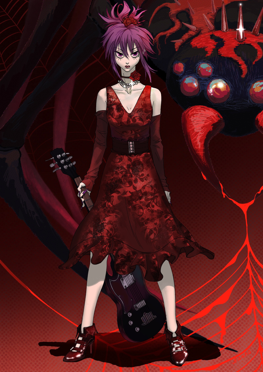 1girl absurdres alternate_costume bare_shoulders bug choker collarbone detached_sleeves dress electric_guitar expressionless flower full_body guitar highres holding holding_instrument hunter_x_hunter instrument jewelry long_hair looking_at_viewer machi_komacine necklace ponytail purple_hair red_dress red_flower red_rose rose sanho_sanho silk sleeveless solo spider spider_web straight-on violet_eyes