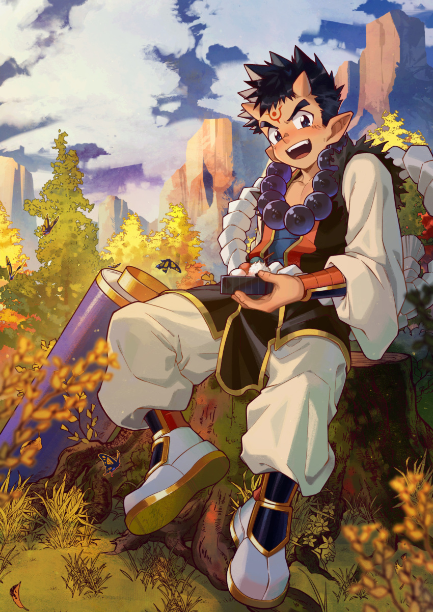 1boy absurdres bead_necklace beads black_hair bug butterfly character_request chinese_commentary colored_skin commentary_request facial_mark highres horns japanese_clothes jewelry looking_at_viewer lunchbox male_focus mountain mountainous_horizon necklace oni oni_horns orange_skin scenery scroll shinrabanshou sitting spiky_hair teeth tree_stump upper_teeth_only white_footwear zxanzai