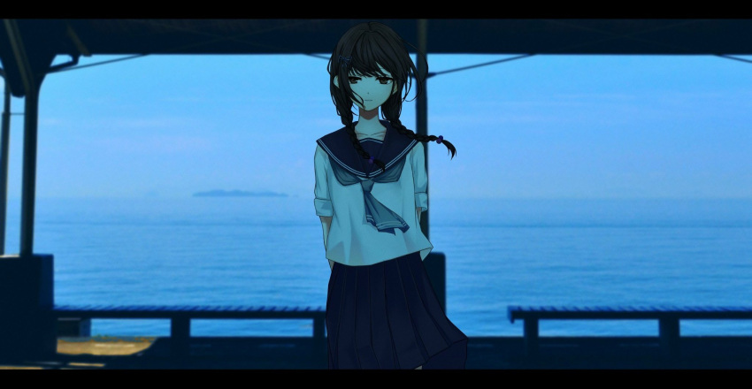 1girl amemori_sayo bench black_eyes black_hair black_sailor_collar black_skirt blue_neckerchief blue_sky blurry blurry_background braid closed_mouth commentary cowboy_shot day floating_hair half-closed_eyes highres horizon kushinaka letterboxed light_smile long_hair looking_at_viewer low_twin_braids muted_color neckerchief nijisanji ocean official_alternate_costume outdoors pleated_skirt sailor_collar school_uniform serafuku shade shelter shirt short_sleeves skirt sky solo standing straight-on summer_uniform twin_braids virtual_youtuber white_shirt wind