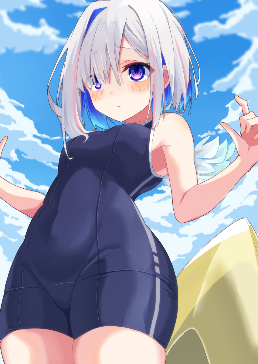 1girl absurdres amane_kanata angel angel_wings blue_hair blush closed_mouth clouds colored_inner_hair from_below grey_hair highres hololive innertube kisara_mikami multicolored_hair one-piece_swimsuit short_hair sky solo swimsuit violet_eyes virtual_youtuber wings