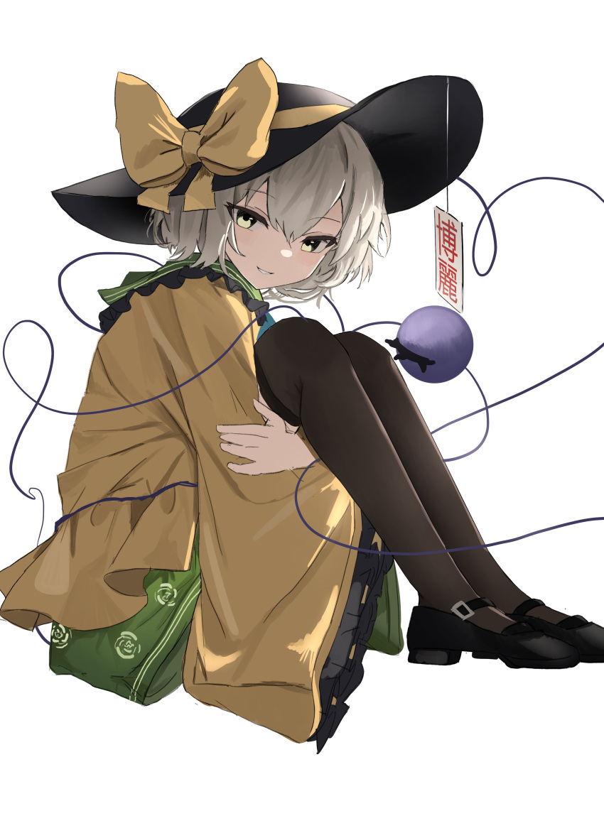 1girl absurdres black_footwear black_headwear black_pantyhose bow commentary english_commentary floral_print from_side full_body green_eyes green_skirt hat hat_bow heart heart_of_string highres komeiji_koishi light_green_hair long_sleeves looking_at_viewer ougiikun pantyhose rose_print shirt short_hair simple_background skirt smile solo third_eye touhou white_background wide_sleeves yellow_bow yellow_shirt