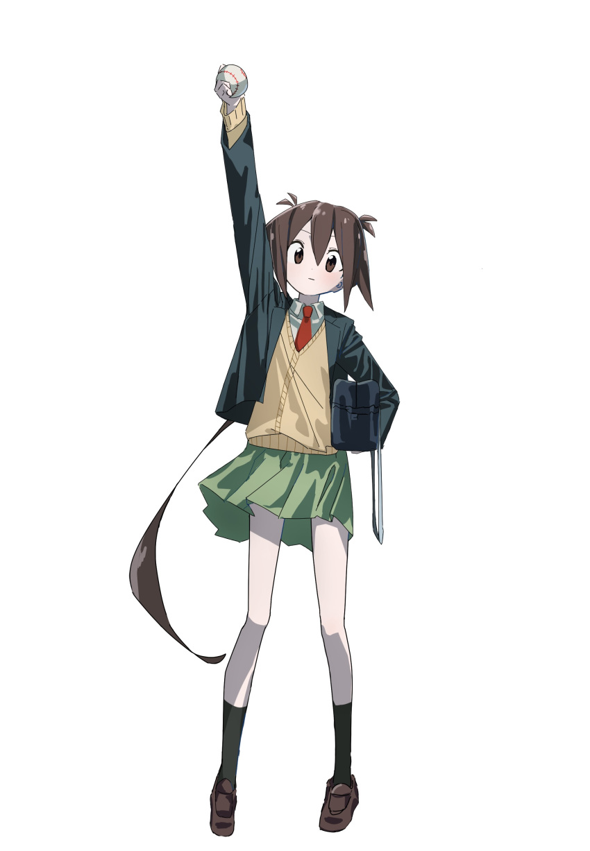 1girl absurdres antenna_hair arm_up bag ball baseball black_jacket black_socks blazer brown_eyes brown_hair cardigan carrying carrying_under_arm closed_mouth collared_shirt commentary_request full_body green_skirt hair_flaps highres holding holding_bag holding_ball jacket kakuriyo_rei kneehighs kuroshio_current loafers long_hair long_sleeves looking_at_viewer low_ponytail nagi_akasa necktie open_clothes open_jacket red_necktie school_bag school_uniform shirt shoes simple_background skirt socks solo very_long_hair white_background white_shirt yellow_cardigan