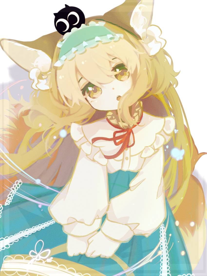 1girl animal_ear_fluff animal_ears aqua_hairband aqua_skirt arknights basket black_cat blonde_hair cardigan cat cheng_junyun chinese_commentary commentary_request creature_on_head crossover fox_ears fox_girl frilled_hairband frills hair_ornament hair_scrunchie hairband head_tilt heixiu high-waist_skirt highres holding holding_basket long_sleeves looking_at_viewer luo_xiaohei_zhanji neck_ribbon official_alternate_costume parted_lips puffy_long_sleeves puffy_sleeves red_ribbon ribbon scrunchie skirt solo suzuran_(arknights) suzuran_(spring_praise)_(arknights) teeth upper_body upper_teeth_only yellow_cardigan yellow_eyes