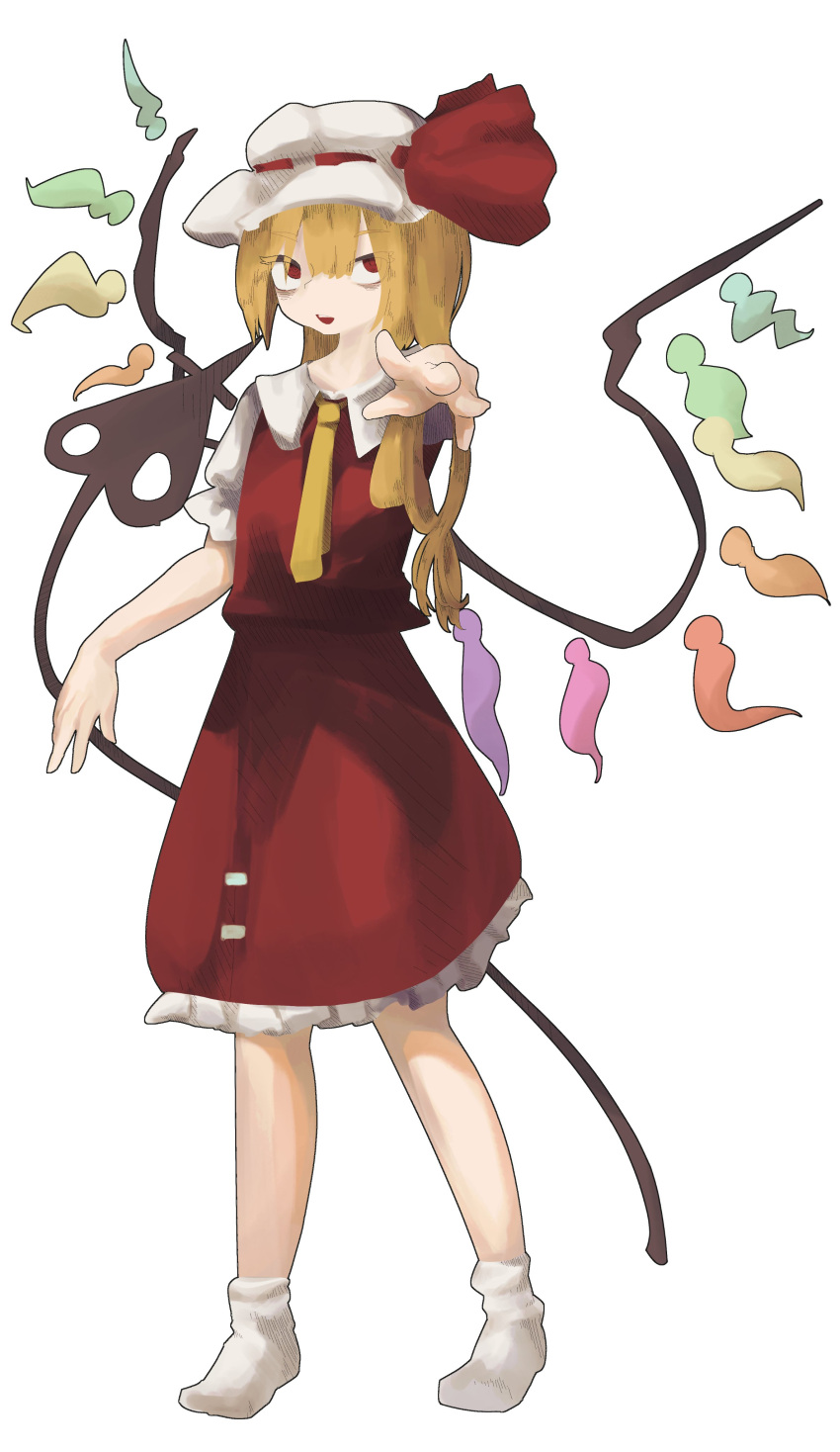 1girl absurdres alternate_neckwear blonde_hair flandre_scarlet frilled_skirt frilled_sleeves frills from6fu full_body hair_between_eyes hat highres laevatein_(touhou) long_hair looking_at_viewer mob_cap multicolored_wings necktie no_shoes open_mouth outstretched_arm puffy_short_sleeves puffy_sleeves red_eyes red_skirt red_vest shirt short_sleeves simple_background skirt skirt_set socks solo standing touhou vest white_background white_headwear white_shirt white_socks wings yellow_necktie