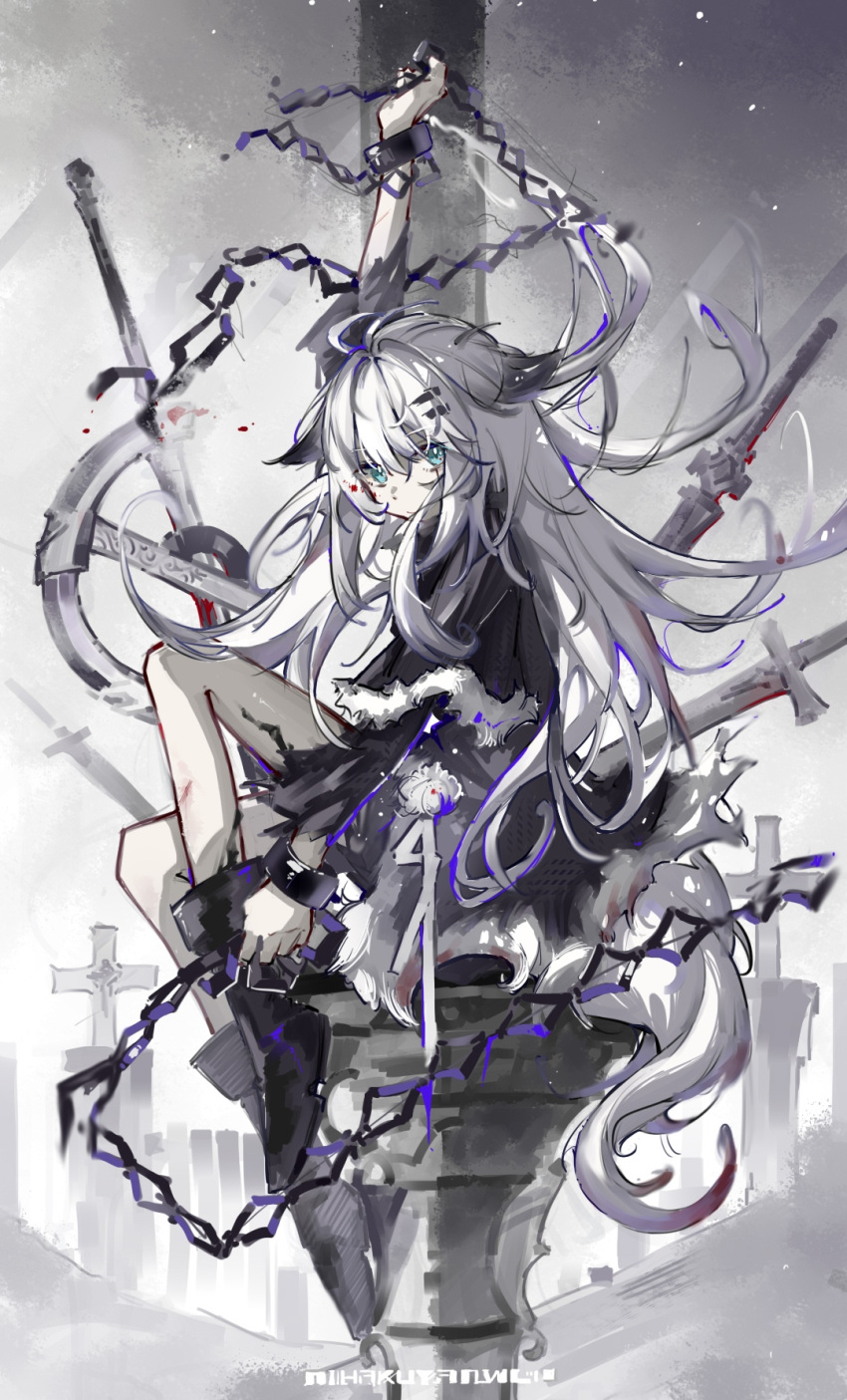 1girl :/ animal_ears aqua_eyes arknights arm_up black_coat black_footwear boots chain closed_mouth coat cuffs floating_hair full_body grey_hair hair_between_eyes hair_ornament hairclip highres holding holding_chain lappland_(arknights) long_hair long_sleeves looking_at_viewer looking_to_the_side scar scar_across_eye shackles solo sword tombstone weapon wolf_ears wolf_girl xinjinjumin4780310