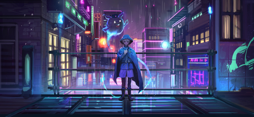 absurdres black_footwear blue_cloak blue_headwear blue_jacket boots brown_pants building character_request cloak closed_mouth commentary_request ghost hand_up highres jacket long_sleeves looking_at_viewer master_detective_archives:_rain_code neon_lights night night_sky ori_(momonimo) outdoors pants railing rain shirt sky solo standing white_shirt