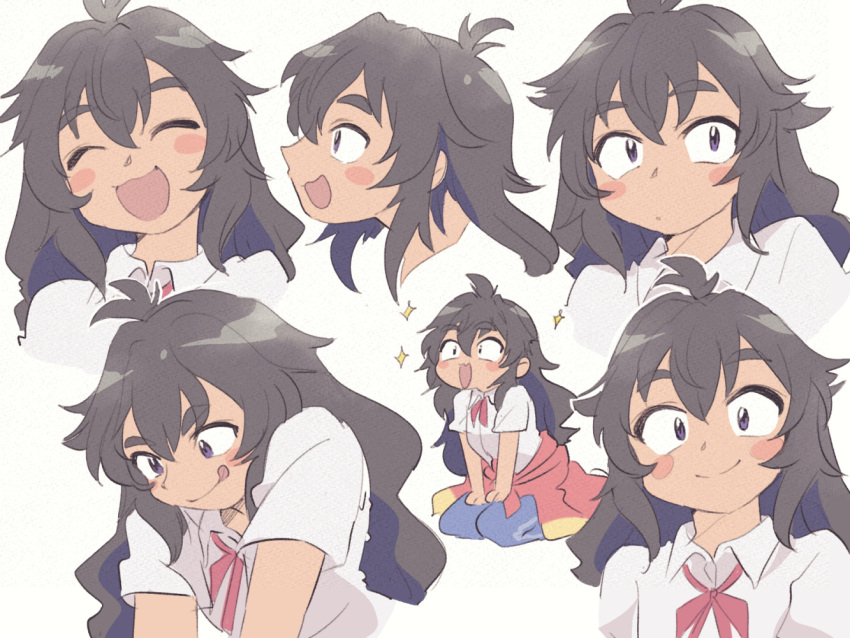 1girl :q ahoge black_hair blue_eyes blue_pants blush_stickers closed_eyes closed_mouth clothes_around_waist cropped_torso dark-skinned_female dark_skin do_it_yourself!! dress_shirt expressions frown kneeling kouki_kokoro long_hair messy_hair multiple_views neck_ribbon open_mouth pants red_ribbon ribbon shirt smile sparkle tongue tongue_out track_pants tsubobot white_shirt