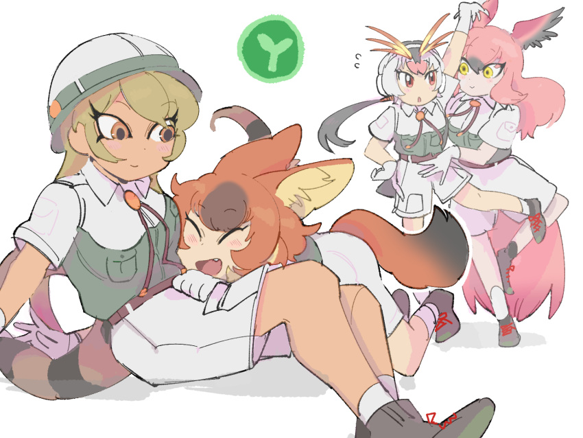 4girls ^_^ all_fours animal_ears antenna_hair arm_up bird_girl bird_tail bird_wings black_hair blonde_hair breast_pocket brown_hair captain_(kemono_friends) captain_(kemono_friends)_(cosplay) closed_eyes closed_mouth collared_shirt cosplay dancing dhole_(kemono_friends) dog_ears dog_girl dog_tail eyelashes facing_another fang flying_sweatdrops foot_up gloves grey_hair hand_on_own_hip hat head_wings helmet highres igarashi_(nogiheta) kemono_friends kemono_friends_3 king_cobra_(kemono_friends) leaning_back long_hair looking_at_another medium_hair multicolored_eyes multicolored_hair multiple_girls open_mouth orange_hair outstretched_arm parted_lips pink_hair pith_helmet pocket red_eyes redhead royal_penguin_(kemono_friends) scarlet_ibis_(kemono_friends) shirt shoes short_sleeves shorts sitting smile snake_tail tail tan two-tone_hair very_long_hair wing_collar wings yellow_eyes