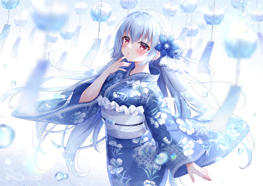 1girl :o blue_flower blue_kimono blurry blurry_background blurry_foreground blush commentary_request depth_of_field finger_to_mouth floral_print flower grey_hair hair_between_eyes hair_bun hair_flower hair_ornament japanese_clothes kimono long_hair long_sleeves mitsuba_choco nail_polish obi original parted_lips pink_nails print_kimono red_eyes sash single_side_bun solo twitter_username very_long_hair wide_sleeves wind_chime