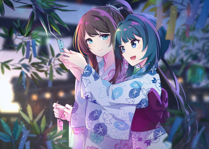 2girls aizawa_kazuha assault_lily back_bow bamboo blue_eyes blue_nails blunt_bangs blurry blurry_background blurry_foreground blush bow brown_hair building closed_mouth commentary_request commission cowboy_shot evening fingernails floral_print hair_ornament hands_up high_ponytail holding holding_tanzaku japanese_clothes kimono long_hair long_sleeves looking_at_another looking_at_object looking_to_the_side medium_hair morugen multiple_girls nail_polish open_mouth ponytail print_kimono purple_bow serizawa_chikaru side-by-side sidelocks skeb_commission smile standing tanabata tanzaku very_long_hair white_kimono wide_sleeves