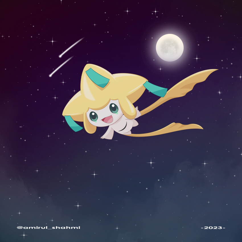:d absurdres ami_arts commentary_request green_eyes highres jirachi moon night no_humans open_mouth outdoors pokemon pokemon_(creature) shooting_star sky smile solo star_(sky) starry_sky tanabata tongue watermark