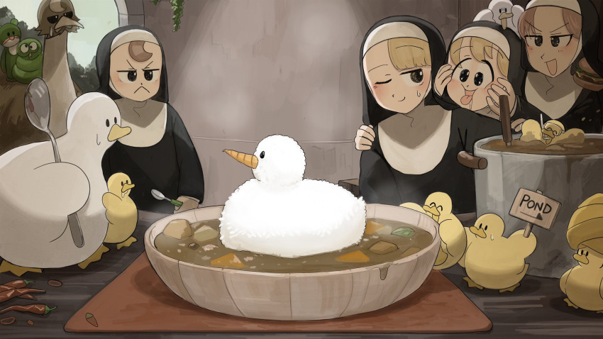 4girls bird blonde_hair blue_eyes brown_eyes brown_hair burger carrot catholic chicken chili_pepper clumsy_nun_(diva) curry diva_(hyxpk) duck duckling english_commentary food froggy_nun_(diva) habit highres hungry_nun_(diva) little_nuns_(diva) multiple_girls nun one_eye_closed ostrich rice spicy_nun_(diva) spoon traditional_nun yellow_eyes