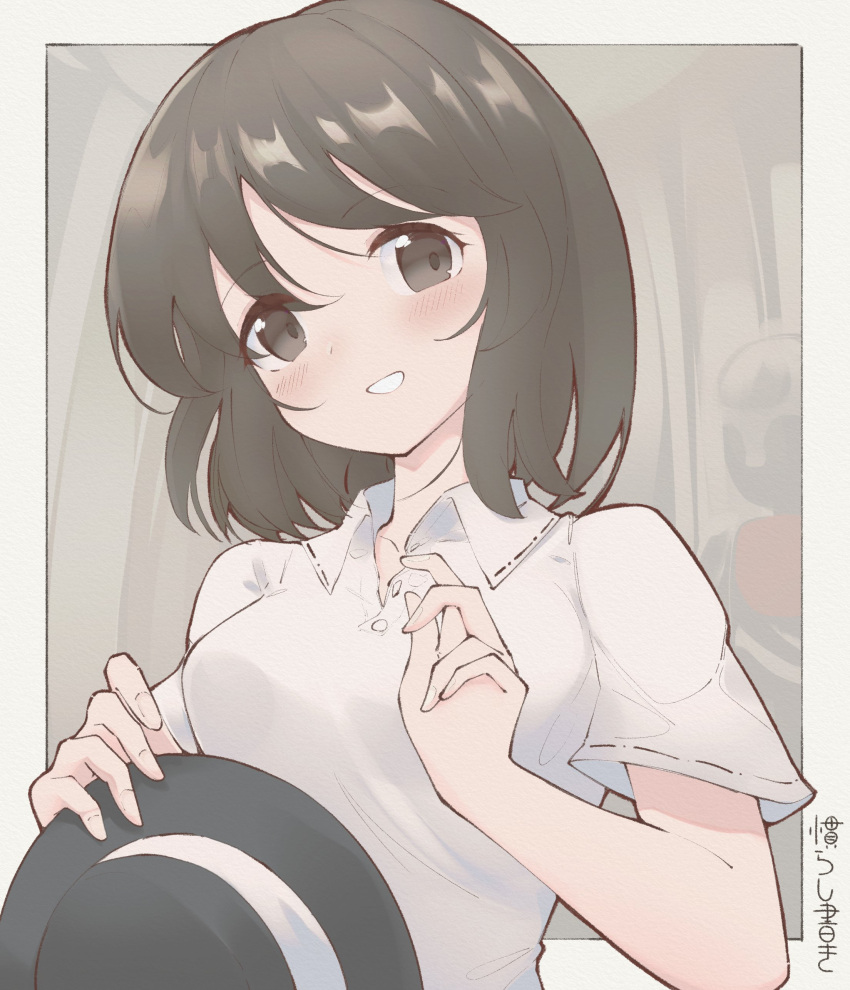 1girl absurdres black_headwear blush brown_eyes brown_hair buttons collared_shirt hat highres holding holding_clothes holding_hat looking_at_viewer nazawa_(nother) open_mouth shirt short_hair short_sleeves smile solo touhou upper_body usami_renko white_shirt