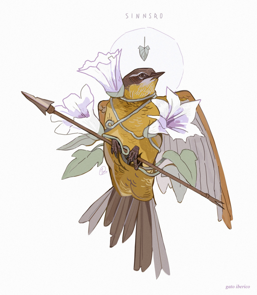 animal animal_focus arrow_(projectile) artist_name bindweed bird commentary flower gatoiberico highres holding holding_arrow leaf no_humans original simple_background white_background white_flower