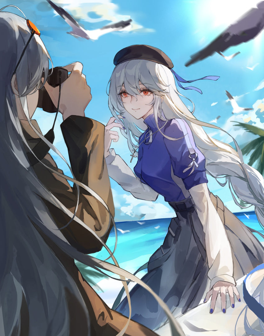 2girls absurdres animal arknights bird blue_nails blue_shirt blue_sky brown_jacket camera closed_mouth clouds commentary_request day eyewear_on_head grey_hair grey_skirt hair_between_eyes hand_up hands_up highres holding holding_camera horizon jacket layered_sleeves long_hair long_sleeves multiple_girls nail_polish ocean orange-tinted_eyewear outdoors palm_tree puffy_short_sleeves puffy_sleeves red_eyes shirt short_over_long_sleeves short_sleeves skadi_(arknights) skirt sky smile specter_(arknights) sunglasses taking_picture tinted_eyewear tree very_long_hair was775 water