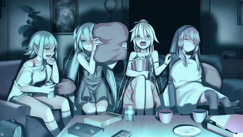 4girls absurdres alternate_costume animal_hood aqua_hair armchair beer_can black_camisole black_hoodie black_thighhighs blanket blonde_hair blue_eyes blush bucket camisole can chair closed_eyes closed_mouth commentary couch covering_one_eye cup dark_room dress drooling elbow_rest english_commentary fishnets food green_hair grey_dress gumi hair_between_eyes half-closed_eyes hand_on_another's_shoulder hatsune_miku head_rest highres holding holding_bucket holding_can holding_pillow hood hood_up hoodie ia_(vocaloid) indoors kneehighs long_bangs long_hair long_sleeves looking_at_another looking_at_viewer mouth_drool mug multiple_girls muted_color neck_ribbon off_shoulder on_couch open_mouth pillow pink_skirt pizza_box ponytail popcorn purple_hair rabbit_hood ribbon sakakidani scared shaded_face shirt short_dress short_hair_with_long_locks short_shorts short_sleeves shorts sitting skirt sleeping sleeping_upright sleeveless sleeveless_dress smirk socks spaghetti_strap sweat thigh-highs twintails under_covers very_long_hair videocassette vocaloid voiceroid watching_television wavy_mouth white_shirt yuzuki_yukari