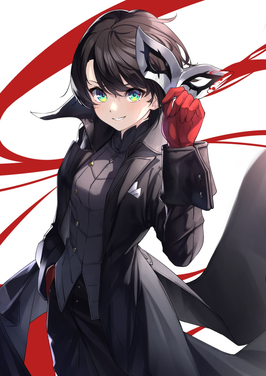 1girl amamiya_ren amamiya_ren_(cosplay) aqua_eyes black_coat black_hair coat commentary_request cosplay cowboy_shot gloves grin hand_on_own_hip highres holding holding_mask hololive long_sleeves looking_at_viewer mask oozora_subaru persona persona_5 red_gloves short_hair smile solo standing tsurupy virtual_youtuber white_background
