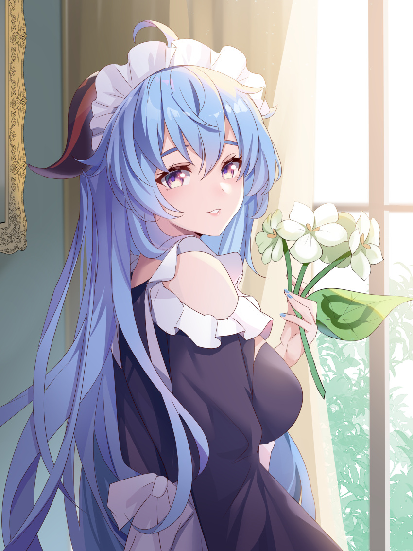 1girl absurdres ahoge bare_shoulders black_dress blue_hair breasts detached_sleeves dress flower from_side ganyu_(genshin_impact) genshin_impact highres holding holding_flower indoors light_smile lingshalan long_hair looking_at_viewer maid maid_headdress medium_breasts parted_lips qingxin_flower sidelocks solo violet_eyes white_flower window