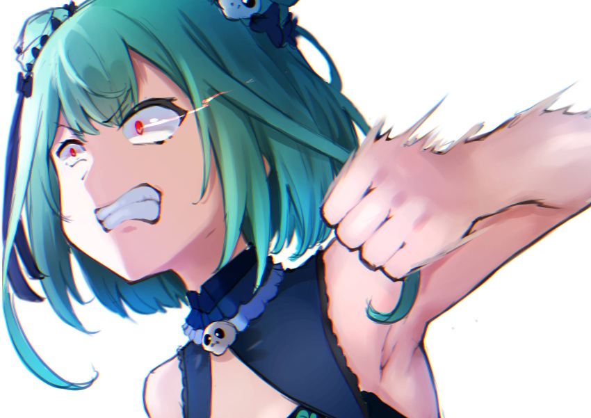 1girl absurdres angry armpits clenched_teeth constricted_pupils detached_collar double_bun dress fighting_stance green_dress green_hair hair_bun hair_ornament highres hololive motion_blur punching red_eyes short_hair simple_background skull_collar skull_hair_ornament solo teeth tomotomo_(awai) uruha_rushia virtual_youtuber white_background