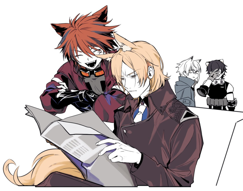 4boys animal_ears annoyed aosta_(arknights) arknights black_jacket black_shirt blonde_hair blue_shirt broca_(arknights) brown_suit chiave_(arknights) closed_eyes couch cropped_torso crossed_arms facepalm formal gauntlets glaring gloves goggles goggles_around_neck grey_gloves grey_jacket grey_shirt holding holding_newspaper horse_boy horse_ears horse_tail ieiieiiei jacket knee_up mlynar_(arknights) multiple_boys necktie newspaper parted_bangs pouch red_jacket redhead scar scar_on_face shirt simple_background sitting sleeveless sleeveless_shirt suit swept_bangs tail upper_body white_background white_hair white_necktie wolf_boy wolf_ears yellow_eyes