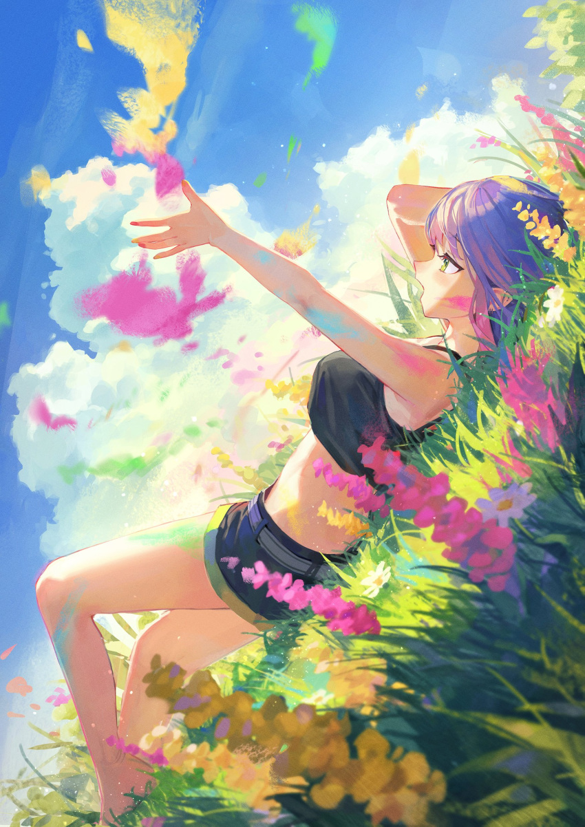 1girl absurdres clouds crop_top earrings flower grass green_eyes highres hololive jewelry lying midriff mr.lime on_back open_mouth outdoors outstretched_arm pointy_ears profile purple_hair shorts sky solo tokoyami_towa virtual_youtuber