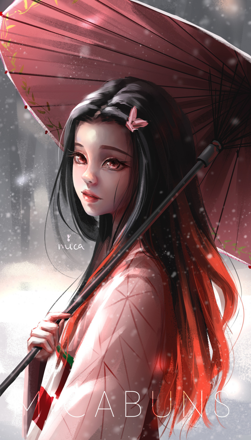 1girl absurdres artist_name black_hair commentary english_commentary eyelashes from_side gradient_hair hair_ribbon highres holding holding_umbrella japanese_clothes kamado_nezuko kimetsu_no_yaiba kimono long_hair looking_at_viewer micabuns multicolored_hair oil-paper_umbrella parted_lips pink_eyes pink_kimono red_umbrella redhead ribbon signature snow snowing solo two-tone_hair umbrella upper_body