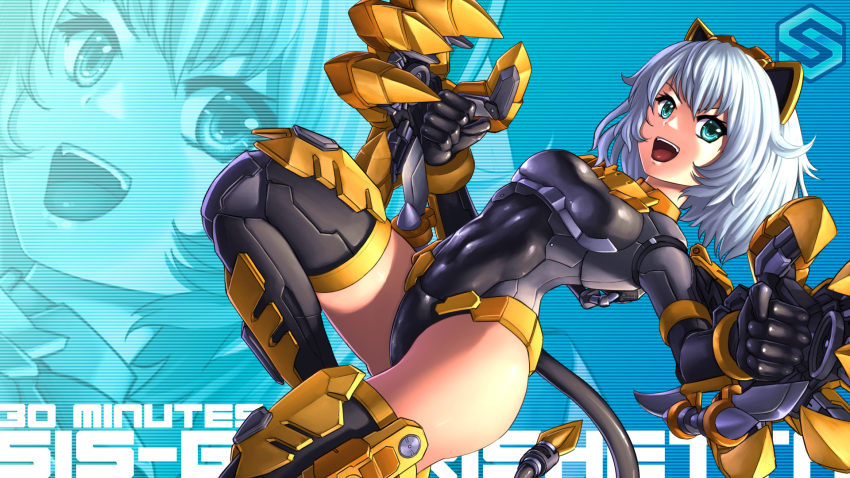 1girl 30_minutes_sisters animal_ears bandai black_leotard blue_eyes boots breasts cable cable_tail cat_ears covered_navel cyborg highres joints leotard logo looking_at_viewer mecha_musume mechanical_ears mechanical_tail medium_breasts rishetta_(30ms) shiny_clothes shiny_skin short_hair solo substance20 tail thigh_boots white_hair zoom_layer