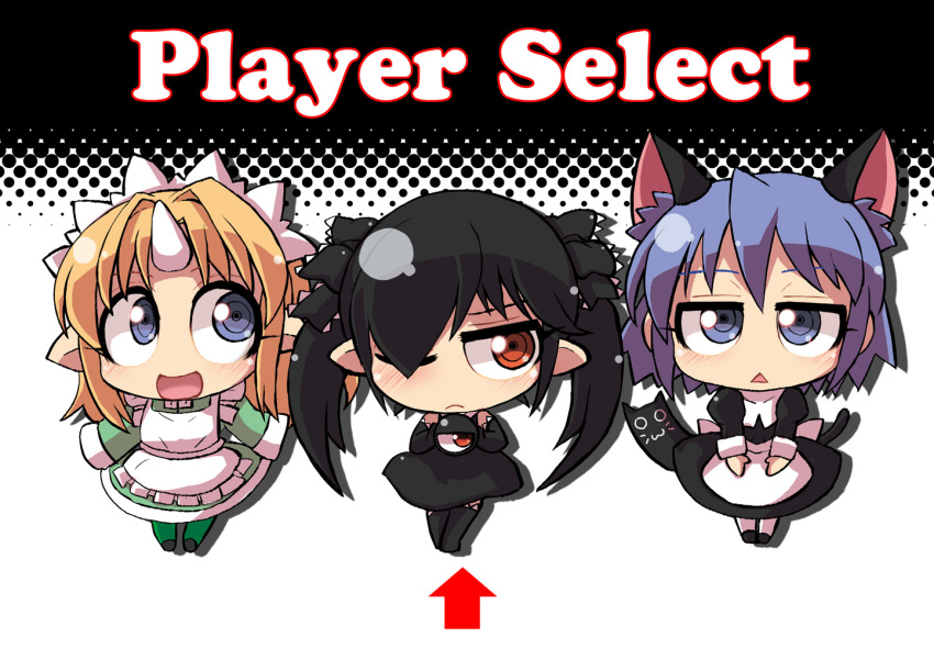 3girls :d animal_ears apron arrow_(symbol) backbeako backbeard black_dress black_footwear black_gloves black_hair black_ribbon black_thighhighs blonde_hair blue_eyes blue_hair blush cat cat_ears cat_tail chibi_yami commentary_request dress elbow_gloves english_text futaba_channel gegege_no_kitarou gloves green_dress green_thighhighs hair_between_eyes hair_over_one_eye hair_ribbon holding horns jitome kirin_(nijiura_maid) long_hair long_sleeves looking_at_viewer looking_to_the_side maid_headdress multiple_girls nijiura_maids one_eye_closed open_mouth original partial_commentary pointy_ears red_eyes ribbon ringed_eyes short_hair simple_background single_horn sleeveless sleeveless_dress smile tail thigh-highs torotei triangle_mouth twintails waist_apron white_apron white_background white_thighhighs