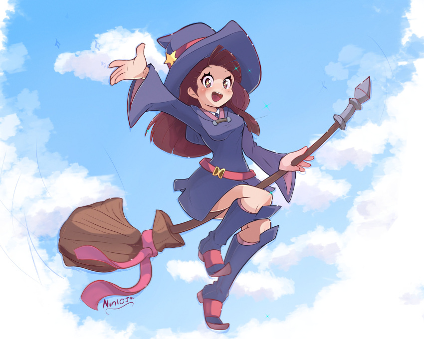 1girl absurdres artist_name asymmetrical_bangs belt blue_dress blue_footwear blue_headwear blue_necktie blunt_bangs boots breasts broom broom_riding brown_hair clouds cloudy_sky day dress eyelashes floating_hair full_body hat hat_pin hat_ribbon high_heels highres hood hood_down hooded_dress kagari_atsuko knee_boots knees light_blush little_witch_academia long_hair long_sleeves looking_at_viewer luna_nova_school_uniform medium_bangs medium_breasts necktie nin10ja open_mouth red_belt red_eyes red_ribbon ribbon school_uniform short_dress signature sitting sky smile solo sparkle sparkling_eyes star_(symbol) teeth thighs tongue upper_teeth_only wide_sleeves witch witch_hat