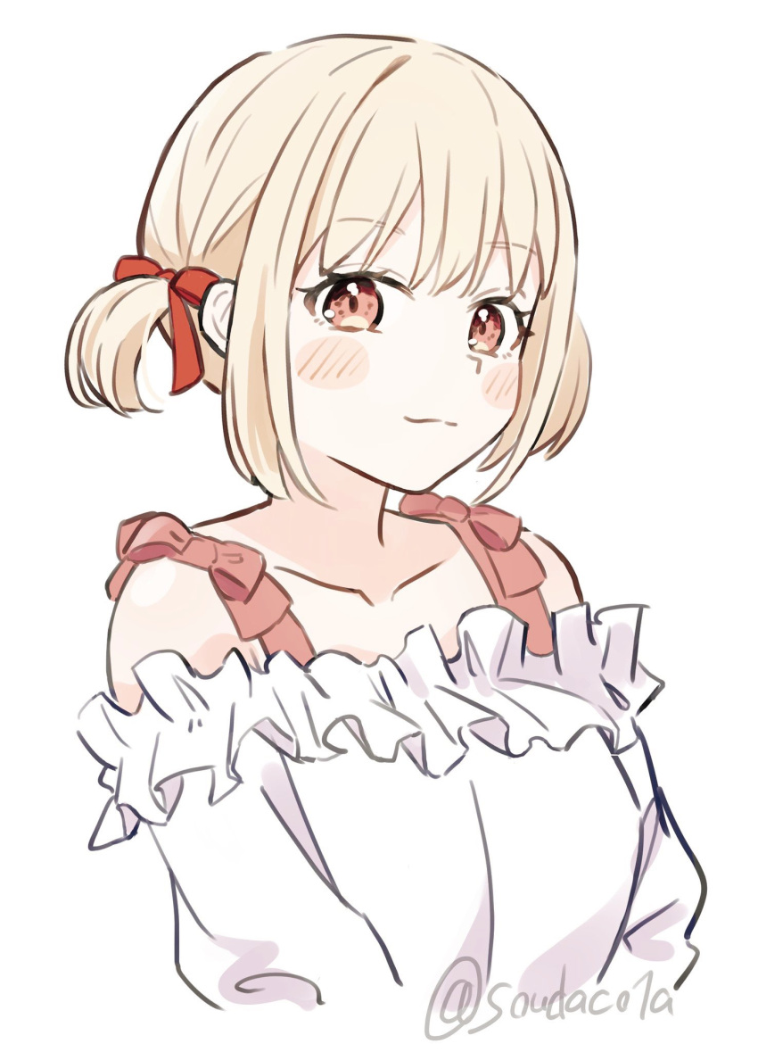 1girl :3 blonde_hair blush bow closed_mouth collarbone commentary cropped_torso frilled_shirt frills hair_bow highres looking_at_viewer lycoris_recoil nishikigi_chisato off-shoulder_shirt off_shoulder red_bow red_eyes shirt short_hair sidelocks simple_background smile solo souda_(soudaco1a) symbol-only_commentary twintails twitter_username white_background white_shirt