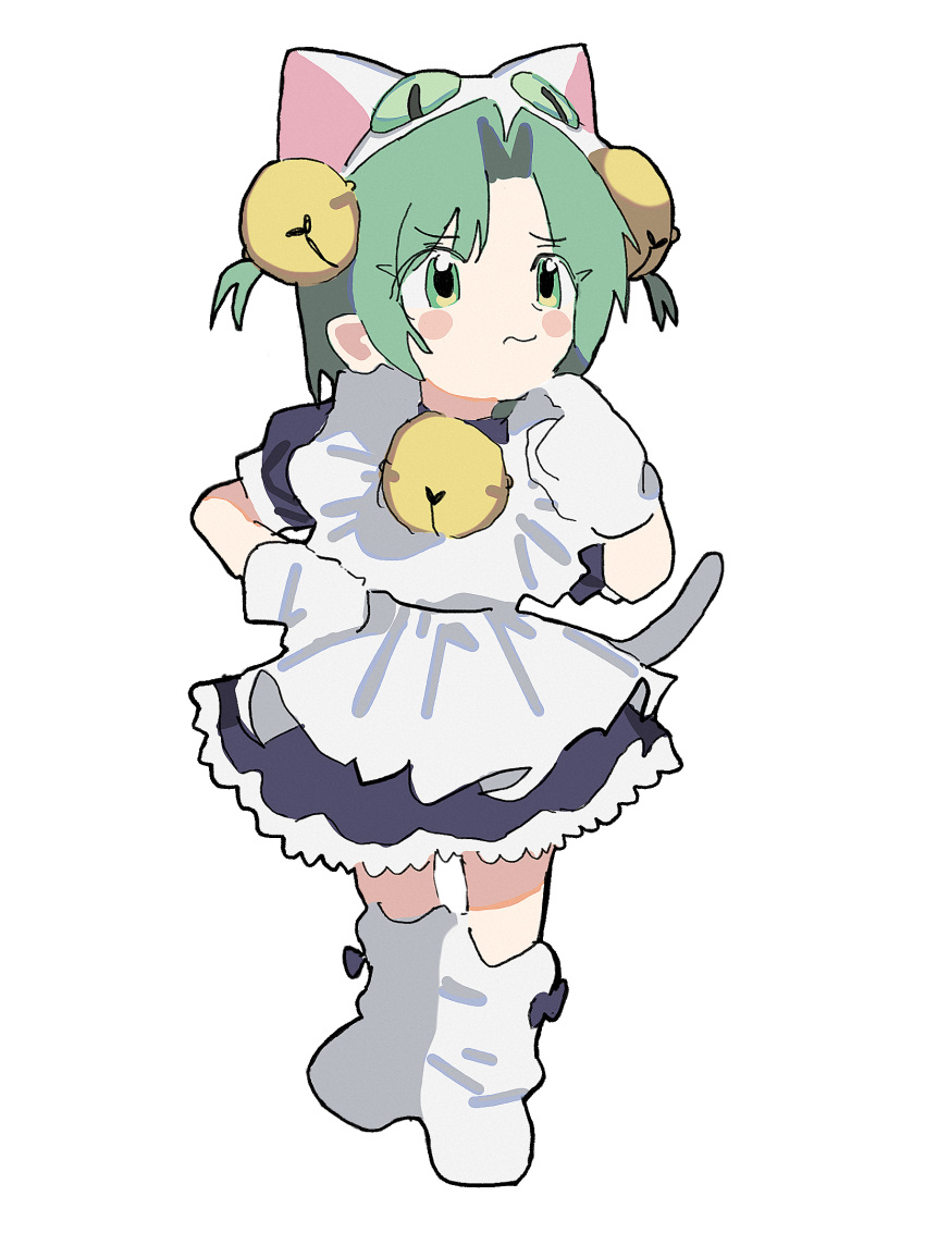1girl animal_ears apron bell cat_ears cat_tail closed_mouth dejiko di_gi_charat dress enorari green_eyes hair_bell hair_intakes hair_ornament hand_on_own_hip hand_up highres jingle_bell light_green_hair maid_apron mittens neck_bell puffy_short_sleeves puffy_sleeves purple_dress short_hair short_sleeves simple_background solo standing tail two_side_up white_apron white_background white_mittens white_tail
