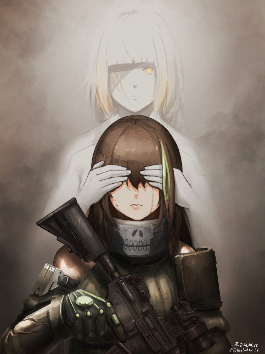 2girls armor assault_rifle black_gloves blunt_bangs brown_hair chinese_commentary commentary covering_another's_eyes eyepatch fallenspherell frown girls_frontline gloves green_hair gun hair_over_eyes highres holding holding_gun holding_weapon m16a1_(boss)_(girls'_frontline) m16a1_(girls'_frontline) m4a1_(girls'_frontline) mixed-language_commentary multiple_girls rifle trigger_discipline twitter_username weapon yellow_eyes