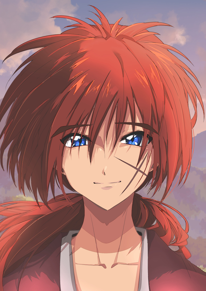 1boy absurdres blue_eyes closed_mouth collarbone crossed_arms dusk hair_between_eyes highres himura_kenshin japanese_clothes kimono long_hair looking_at_viewer low_ponytail male_focus outdoors portrait red_kimono red_light_district redhead rurouni_kenshin scar scar_on_cheek scar_on_face smile solo