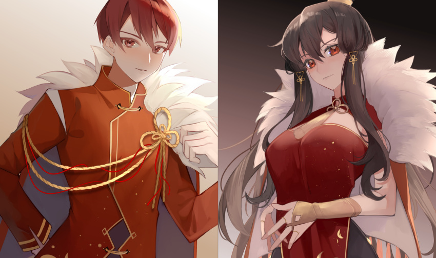 1boy 1girl aiguillette breasts brown_hair chinese_clothes closed_mouth coat dress fur-trimmed_coat fur_trim gloves gold_trim hair_between_eyes highres husband_and_wife jacket large_breasts library_of_ruina long_hair long_sleeves lowell_(library_of_ruina) parted_lips project_moon red_dress red_eyes red_jacket red_shirt redhead shirt sidelocks smile to_ame_ha_yaiba upper_body very_long_hair white_gloves xiao_(library_of_ruina)