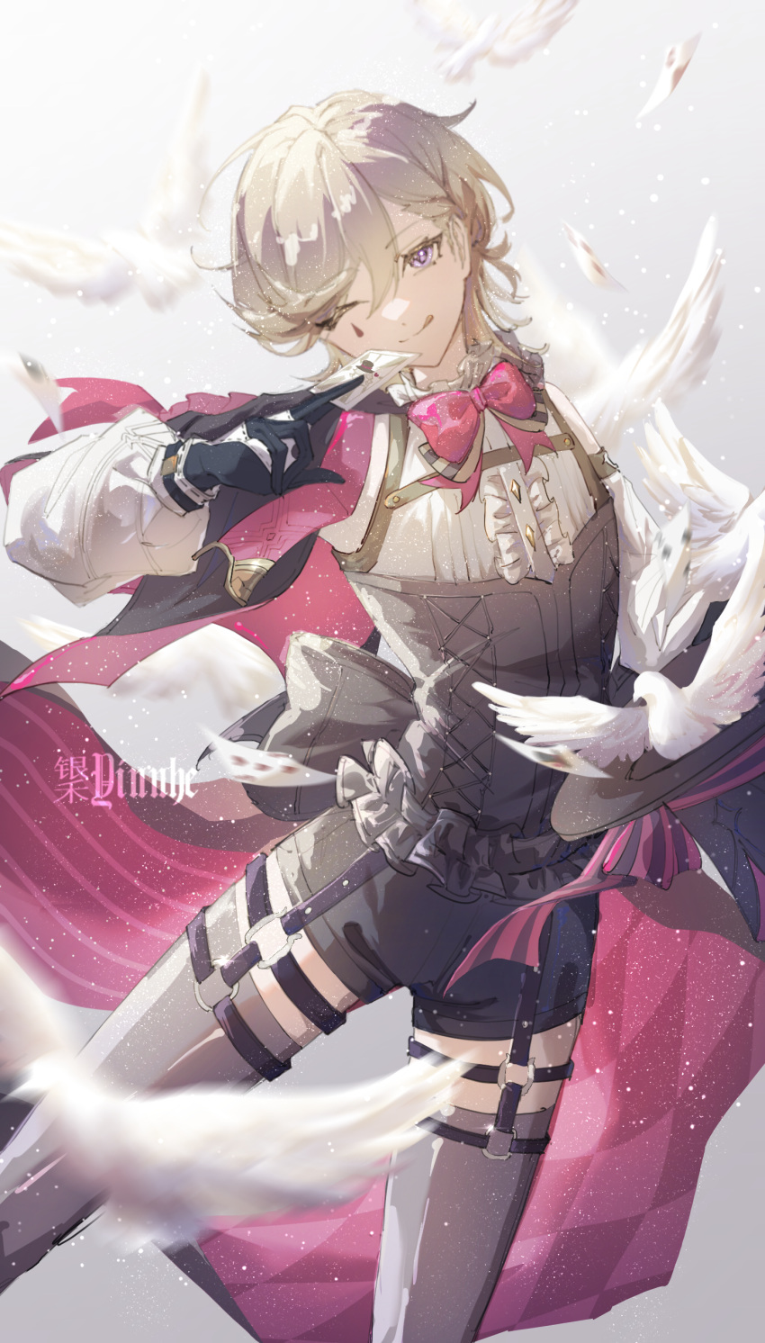 1boy absurdres asymmetrical_bangs bird black_shorts blonde_hair bow bowtie cape card dove genshin_impact grey_thighhighs hat hat_removed headwear_removed highres lyney_(genshin_impact) male_focus one_eye_closed pink_bow pink_bowtie pink_cape playing_card procreate_(medium) short_hair shorts solo teardrop_facial_mark thigh-highs two-tone_gloves violet_eyes yinnhe_(yonghu5998991090)
