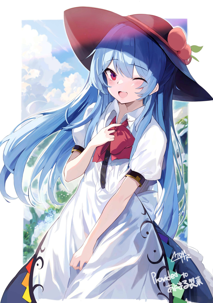 1girl ;d absurdres black_headwear blue_skirt blue_sky bow bowtie clouds commentary_request dress food fruit highres hinanawi_tenshi leaf long_hair looking_at_viewer one_eye_closed open_mouth outdoors peach red_bow red_bowtie red_eyes short_sleeves signature skirt sky smile solo tetsurou_(fe+) touhou white_dress