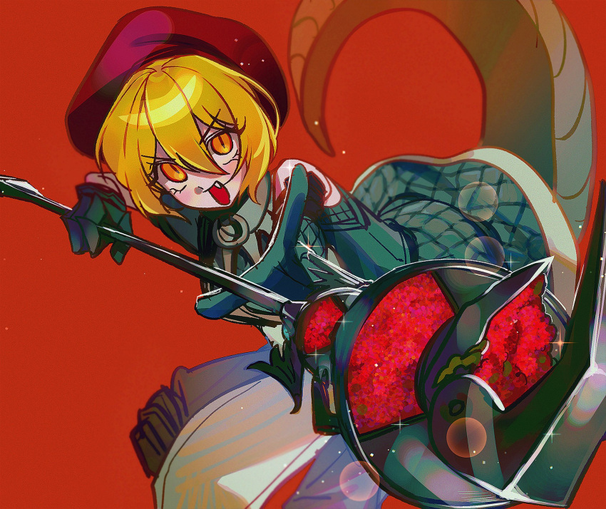 1girl blonde_hair e.g.o_(project_moon) gloves hat highres holding limbus_company nonggang_1227 official_alternate_costume open_mouth orange_eyes pants project_moon red_headwear short_hair snake_tail solo tabard tail yellow_eyes