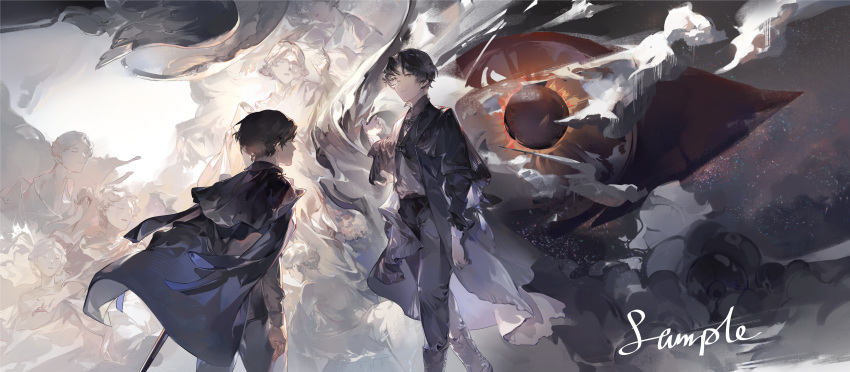 2boys abstract_background absurdres amon_(lord_of_the_mysteries) black_coat black_eyes black_footwear black_hair black_jacket black_pants black_robe boots cane chinese_commentary coat commentary_request facing_another fog from_behind gaural highres holding holding_cane jacket klein_moretti looking_at_another lord_of_the_mysteries monocle multiple_boys pants robe sample_watermark short_hair smile very_big_eyes