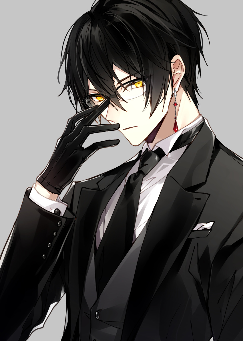 1boy absurdres adjusting_eyewear black-framed_eyewear black_gloves black_hair black_jacket closed_mouth collared_shirt commentary_request earrings glasses gloves grey_background grey_vest hair_between_eyes highres jacket jewelry long_sleeves looking_at_viewer lucas_(mochizuki_shiina) male_focus mochizuki_shiina open_clothes open_jacket original over-rim_eyewear semi-rimless_eyewear shirt simple_background solo upper_body vest yellow_eyes