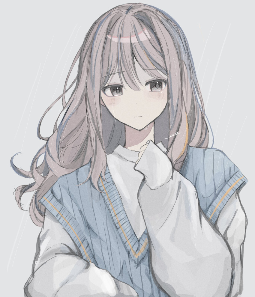 1girl artist_name blue_sweater_vest blush closed_mouth commentary_request grey_background grey_eyes grey_hair hair_between_eyes highres long_hair long_sleeves niaa original puffy_sleeves rain sidelocks simple_background sleeves_past_wrists solo sweater sweater_vest upper_body wet wet_face white_sweater