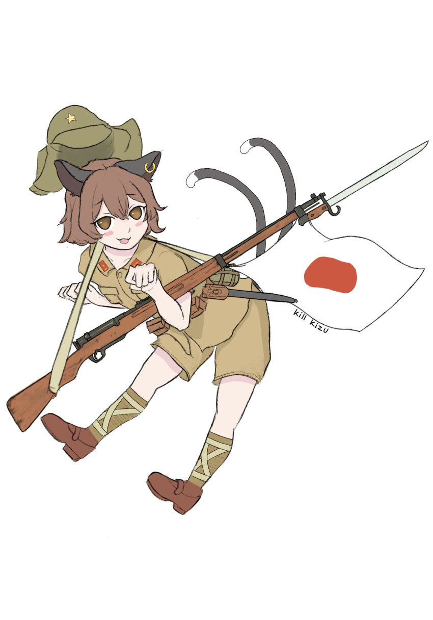 1girl animal_ears arisaka bayonet belt bolt_action boonie_hat brown_eyes brown_hair cat_ears cat_tail chen earrings gun highres imperial_japanese_army japanese_flag jewelry kill_kizu knife lapels military_uniform multiple_tails nekomata open_mouth paw_pose rifle short_hair short_sleeves single_earring sling solo tail tan_shirt touhou two_tails type_38_rifle uniform weapon