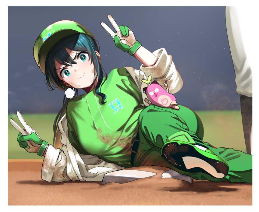 &gt;:) +_+ 1girl 1other baseball baseball_cap black_hair blue_eyes blurry blurry_background breasts closed_mouth commentary_request depth_of_field dirty dirty_clothes double_v gloves green_footwear green_headwear green_pants green_shirt hat jacket long_hair long_sleeves looking_at_viewer low_ponytail lying nijisanji on_ground on_side onomachi_haruka open_clothes open_jacket pants pettan_p ponytail shirt shoe_soles shoes sidelocks small_breasts smile solo_focus v v-shaped_eyebrows very_long_hair virtual_youtuber white_gloves white_jacket