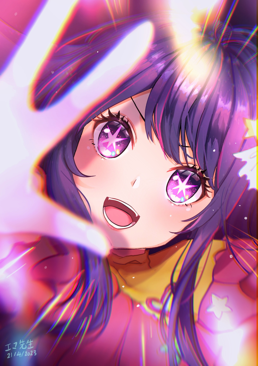 1girl :d absurdres artist_name blurry blurry_foreground blush chromatic_aberration clip_studio_paint_(medium) commentary dated depth_of_field dress emmasensei frilled_dress frills hair_ornament highres hoshino_ai_(oshi_no_ko) lens_flare long_hair looking_at_viewer multicolored_hair open_mouth oshi_no_ko parted_bangs pink_dress pink_hair purple_hair reaching reaching_towards_viewer shadow sidelocks smile solo star-shaped_pupils star_(symbol) star_hair_ornament streaked_hair swept_bangs symbol-shaped_pupils teeth upper_body violet_eyes