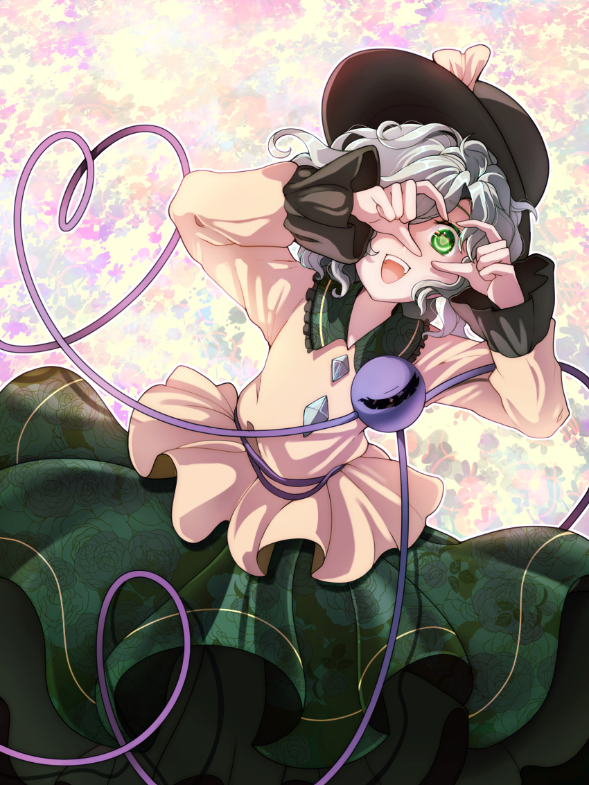 1girl :d absurdres black_headwear blouse bow buttons cowboy_shot diamond_button dungeon_toaster dutch_angle eyeball finger_heart floral_print frilled_shirt_collar frilled_sleeves frills green_eyes green_skirt grey_hair hat hat_bow hat_ribbon heart heart_of_string highres koishi_day komeiji_koishi long_sleeves looking_at_viewer medium_hair one_eye_covered open_mouth ribbon rose_print shirt skirt smile solo teeth third_eye touhou upper_teeth_only wavy_hair wide_sleeves yellow_bow yellow_ribbon yellow_shirt