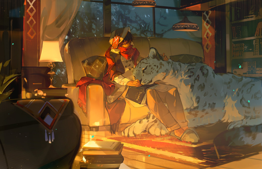 akai_999 animal animal_ear_fluff arknights book bookshelf brown_hair brown_pants character_request commentary_request couch desk_lamp fringe_trim highres indoors lamp leopard long_sleeves night on_couch open_book pants pillow red_scarf scarf shirt sitting sleeves_past_wrists slippers white_footwear white_shirt window wooden_floor