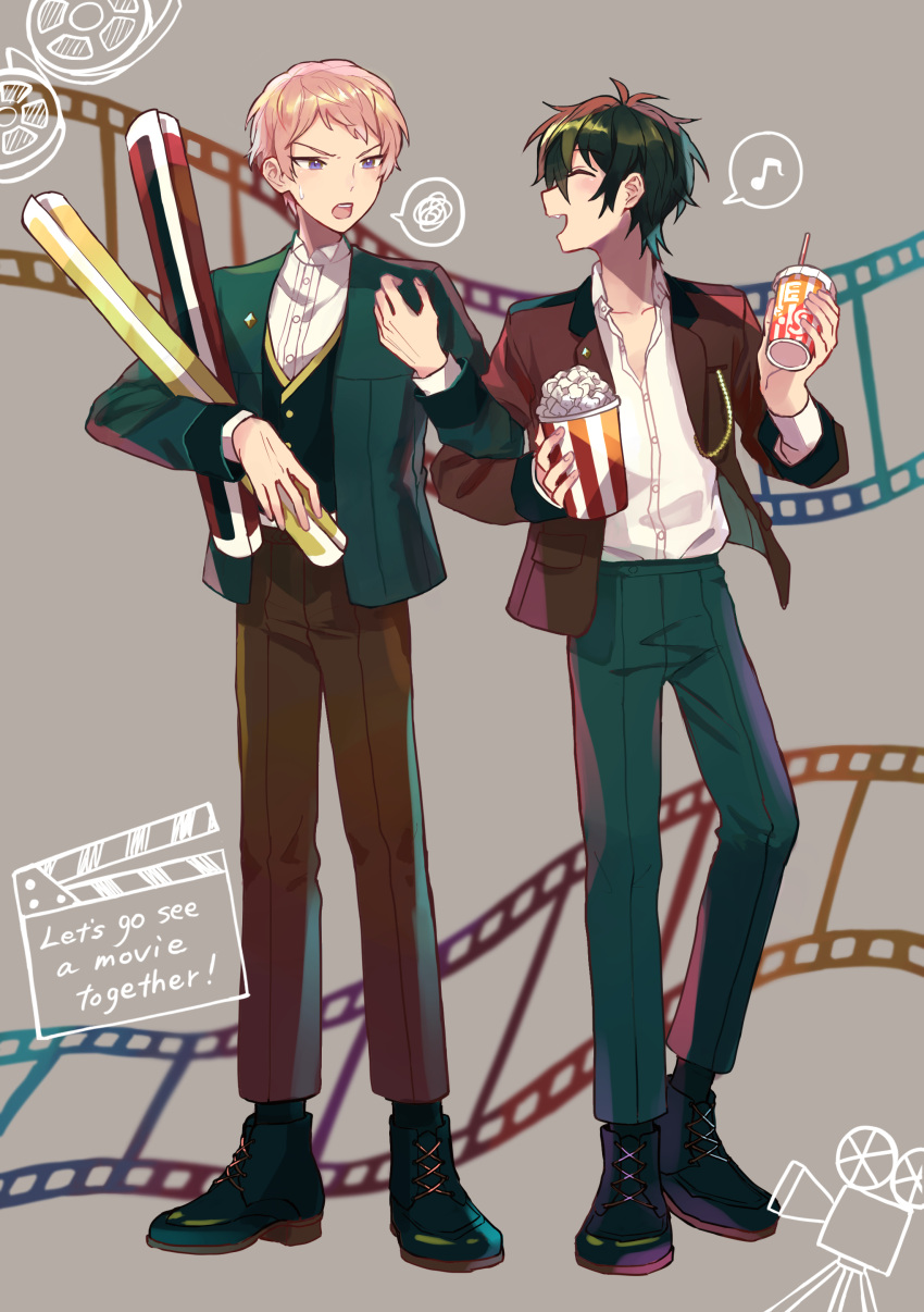 2boys absurdres black_footwear blazer brown_pants buttons closed_eyes collared_shirt commentary_request cup disposable_cup dress_shirt drinking_straw ensemble_stars! facing_another film_strip food full_body green_hair hand_up highres holding holding_cup itsuki_shu jacket kagehira_mika lapels long_sleeves looking_at_another male_focus multiple_boys musical_note notched_lapels open_collar open_mouth pants partially_unbuttoned pink_hair popcorn shirt shoelaces short_bangs short_hair spoken_musical_note standing teeth upper_teeth_only valkyrie_(ensemble_stars!) violet_eyes wednesday_108 white_shirt