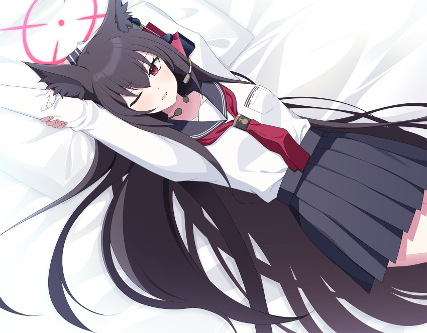 1girl ;o animal_ear_fluff animal_ears arm_behind_head arm_up bed_sheet black_hair black_skirt blue_archive commentary_request commission eko fox_ears fox_girl hair_between_eyes halo headset highres long_hair long_sleeves looking_at_viewer lying on_back one_eye_closed parted_lips pleated_skirt red_eyes school_uniform serafuku sidelocks simple_background skeb_commission skirt solo stretching yukino_(blue_archive)
