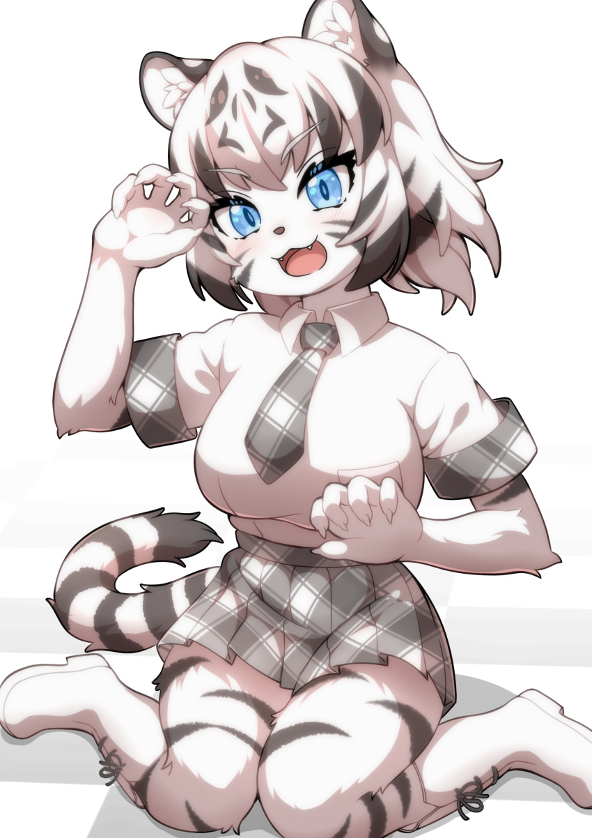 1girl absurdres animal_ears animal_nose arm_up black_fur black_hair blue_eyes body_fur boots breast_pocket brown_hair claw_pose claws collared_shirt colored_inner_hair ev_(kemomimizuku) fangs full_body furrification furry furry_female hand_up head_tilt highres kemono_friends looking_at_viewer medium_hair miniskirt multicolored_fur multicolored_hair necktie open_mouth plaid plaid_necktie plaid_skirt plaid_sleeves plaid_trim pleated_skirt pocket shirt short_sleeves sitting skirt smile snout solo striped_tail tail tiger_ears tiger_girl tiger_tail two-tone_fur wariza white_footwear white_fur white_hair white_shirt white_tiger_(kemono_friends) wing_collar