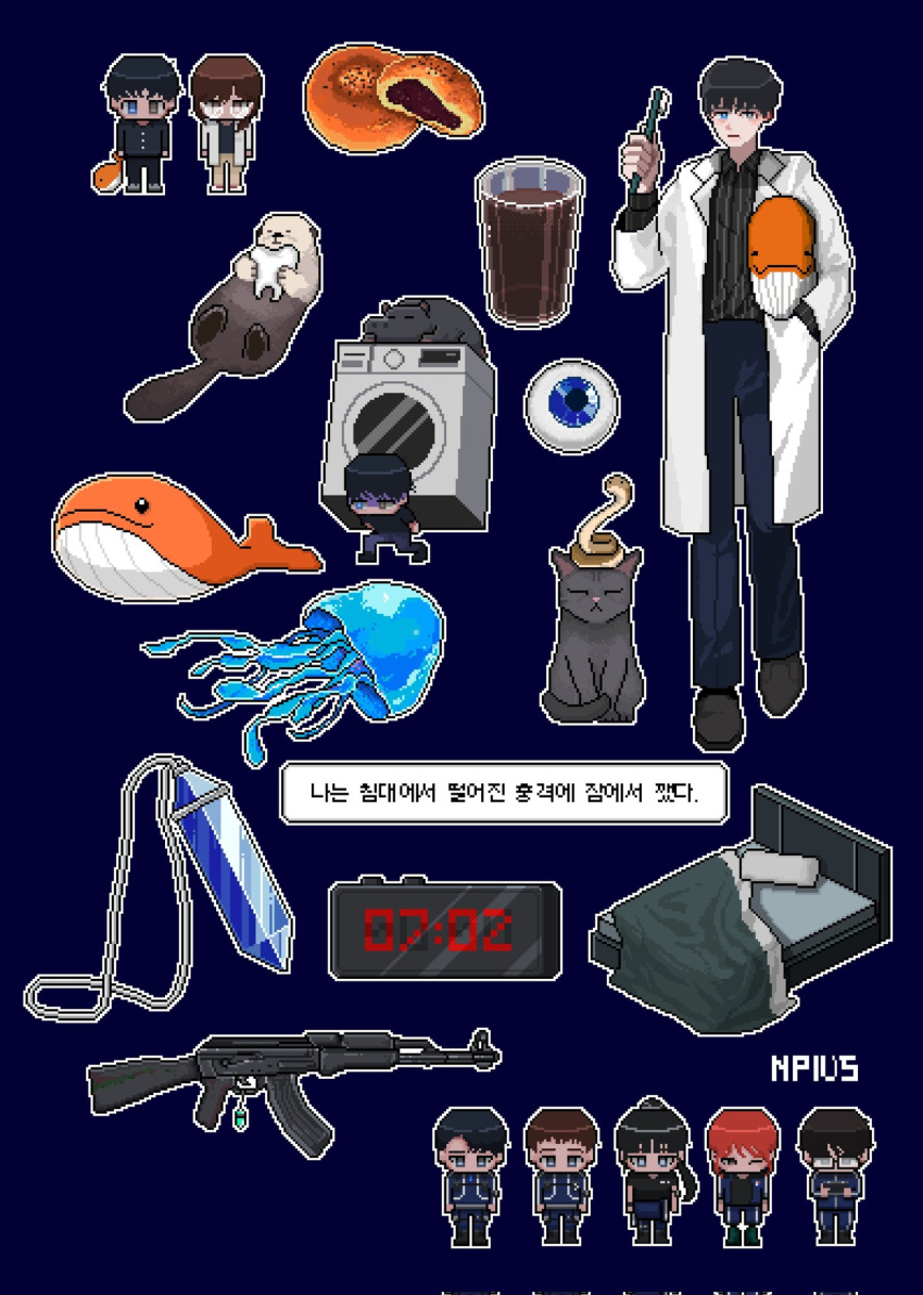 2girls 5boys abyss_3000 animal baek_ae-young bed black_cat black_hair black_shirt blue_background brown_hair cat clock commentary_request cup digital_clock drink eoduun_badaui_deungbul-i_doeeo food gun hand_in_pocket heterochromia highres hippopotamus holding holding_stuffed_toy jellyfish jeong_sang-hyun jewelry jewelry_removed jihyeok_seo kim_jaehee korean_commentary korean_text lab_coat long_sleeves multiple_boys multiple_girls necklace necklace_removed otter park_moo-hyun pixel_art redhead rifle shin_hae-ryang shirt short_hair simple_background snake standing striped stuffed_animal stuffed_toy stuffed_whale tooth toothbrush translation_request vertical_stripes washing_machine weapon yu_geum-i