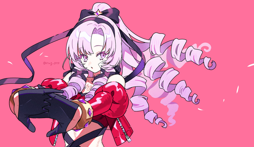 1girl :o alternate_costume bare_shoulders black_gloves breasts chest_tattoo choker dot_nose drill_hair gloves hair_ribbon hairband half_gloves highres hyakumantenbara_salome interlocked_fingers jacket juliet_sleeves light_purple_hair long_hair long_sleeves looking_at_viewer medium_breasts nijisanji off-shoulder_jacket off_shoulder open_mouth parted_bangs pink_background ponytail puffy_sleeves purple_hairband purple_ribbon puteru red_jacket ribbon ringlets scorpion_tattoo simple_background solo star_(symbol) star_in_eye stretching symbol_in_eye tattoo twitter_username violet_eyes virtual_youtuber zipper zipper_pull_tab